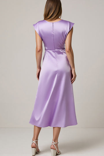 Purple Ruched Satin Maxi Work Dress